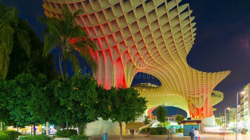 Night Light Colored Mandarin Tree View On Metropol Parasol 4k Time Lapse Spain Stock Footage Video Of Roof Metropol 51977382