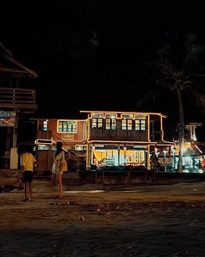 NIght Light Near the Resort and the Beach Sand Editorial Stock Photo