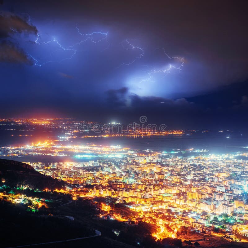 Night Lights Of The Coastal City From The Height Stock Image Image Of