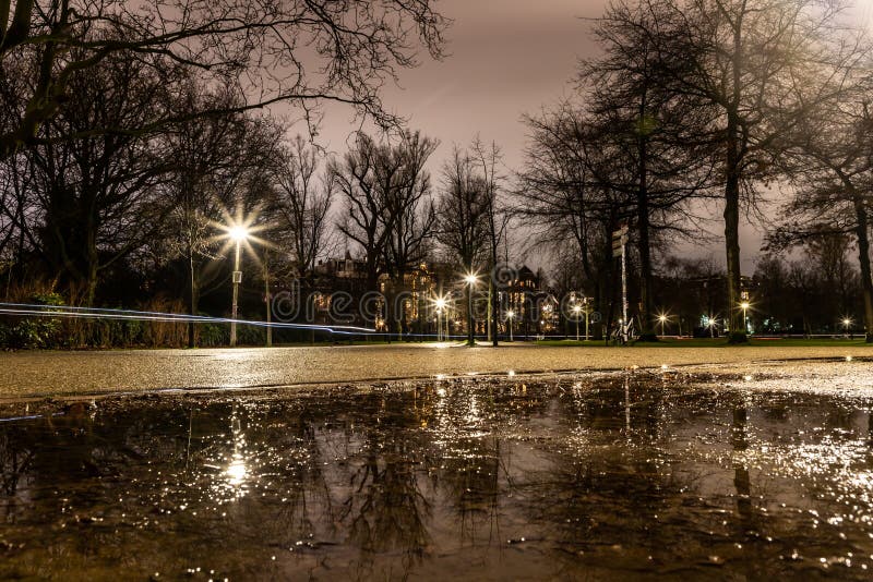 Night Lights of Park and Biclycles in Amsterdan Stock Image Image of