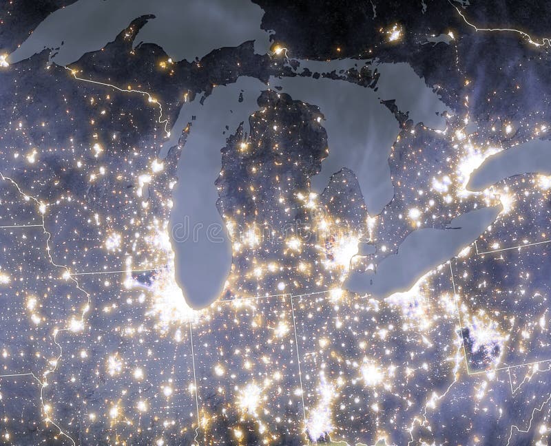 Night Lights of U. S. Cities, Vivid Night Pollution of Chicago City Agglomeration. A view from space. Image elements courtesy of vector illustration