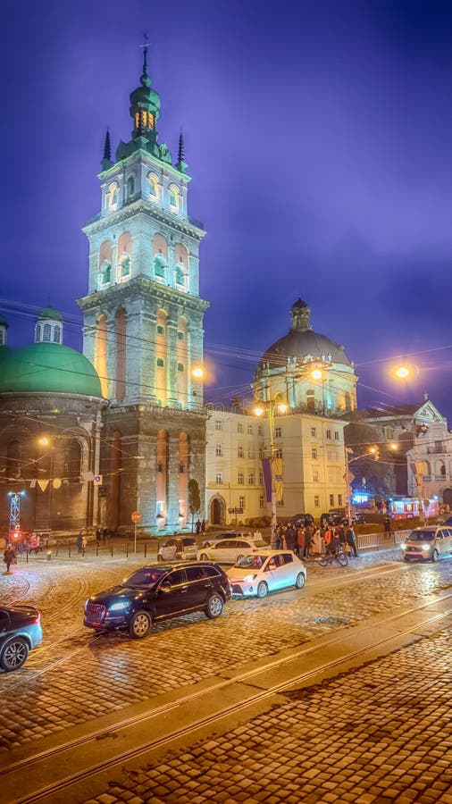 Night Lviv Old City Architecture in the Christmas Stock Photo - Image