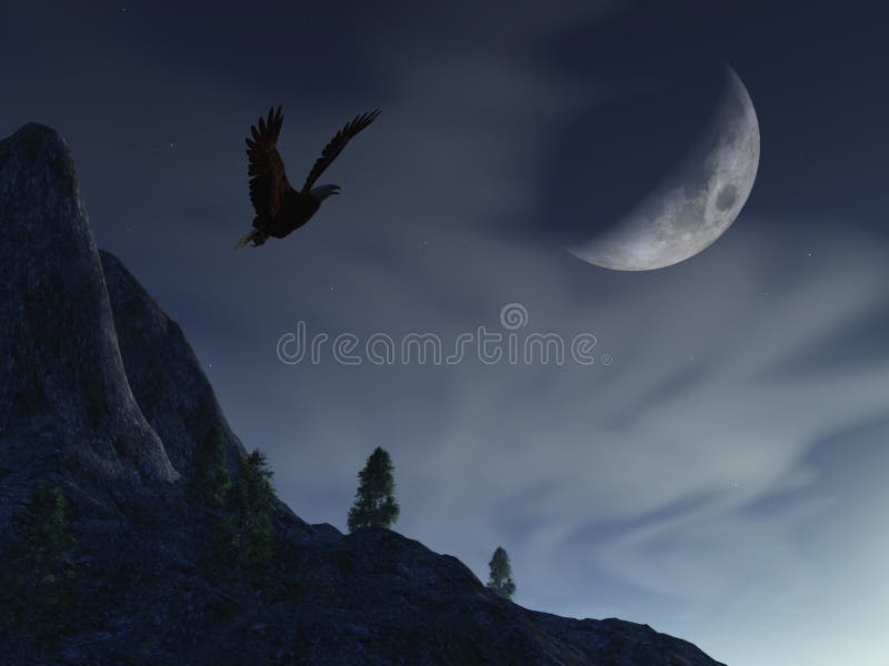 Night Moon hanging Over Mountain with a flying Eagle. A cool ghostly cloud gather at the base horizon. Backdrop simple landscape illustrations