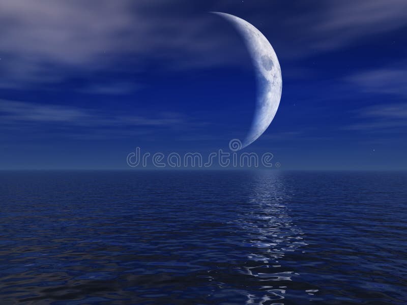 Night Quarter Moon Over Sea Background. Backdrop simple landscape illustrations