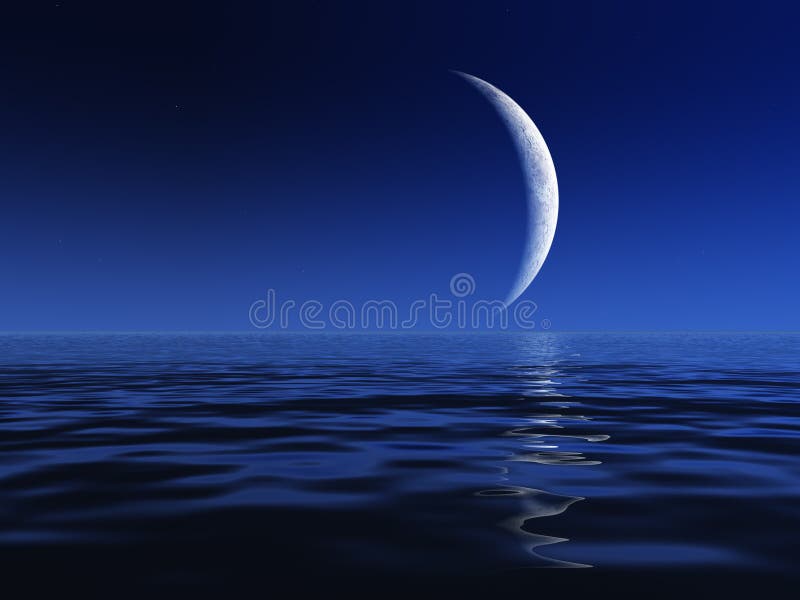 Night moon over a foggy horizon dusk and cool lunar reflections on the water. Nice for wallpaper or background. Backdrop simple landscape illustrations