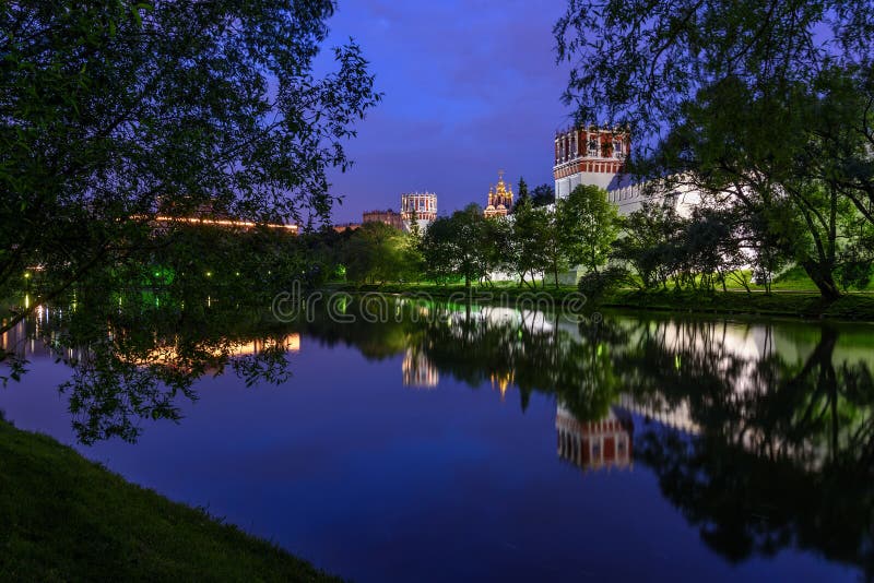 Night Moscow Novodevichy monastery river reflection