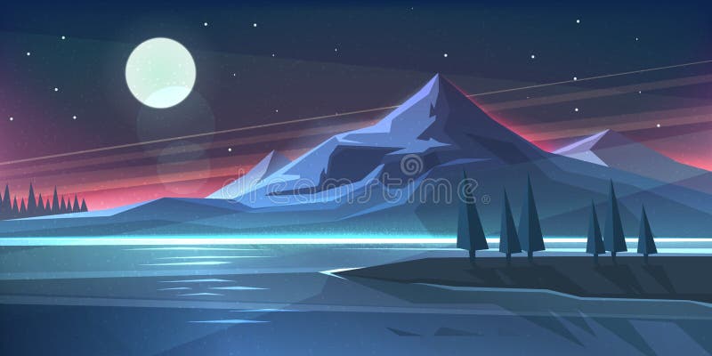 Night Mountain Landscape On Lake Stock Vector Illustration Of Moon Astronomy 84694623