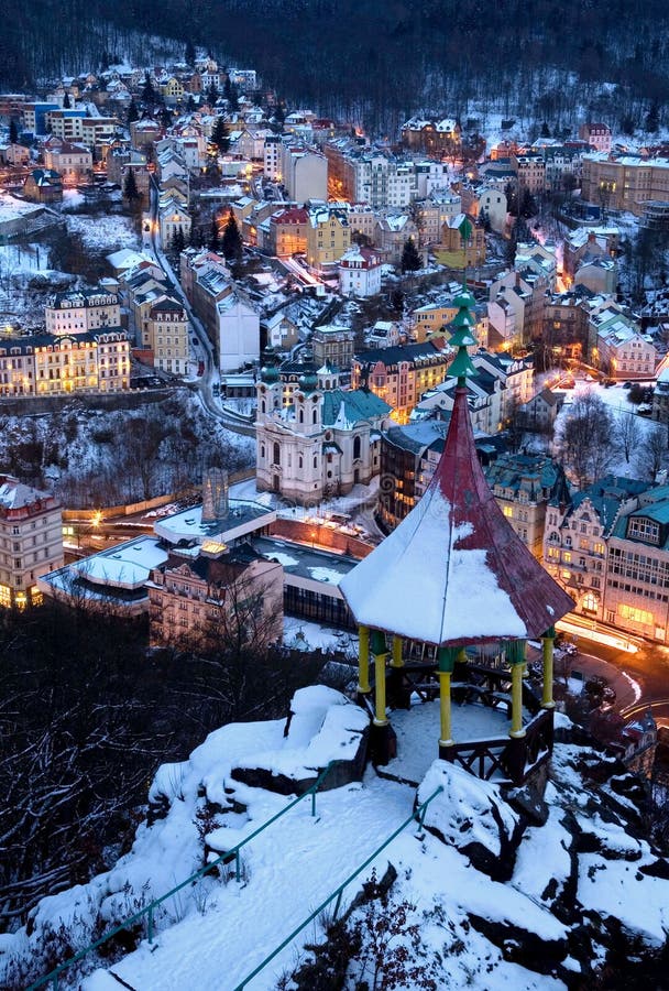 Beautiful night view of Carlsbad (Karlovy Vary). Carlsbsd is a spa city situated in western Bohemia, Czech Republic. Karlovy winter stock images, royalty-free photos and pictures