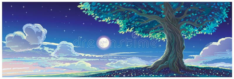 Night landscape, with an old ancient tree, a starry sky and the moon. stock illustration