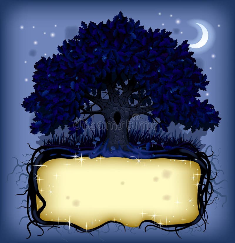 Old-fashioned banner with fairy-tale rooted oak tree at night. There is in addition a vector format (EPS 8). Old-fashioned banner with fairy-tale rooted oak tree at night. There is in addition a vector format (EPS 8)