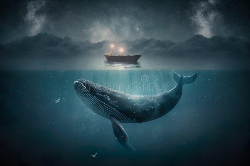 Oceanul de noapte cu apă sub apă, cu ambarcațiuni mici de înot pe suprafața apei generative vector illustration