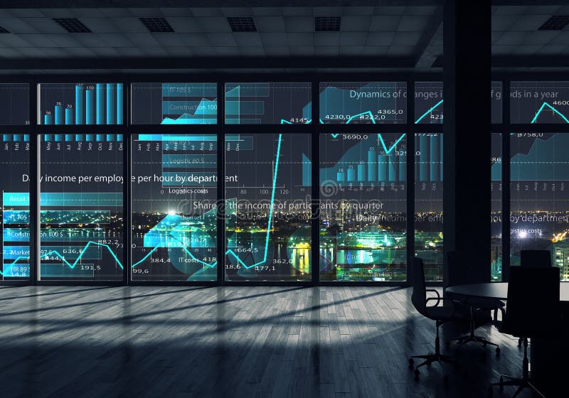 Night Office Interior . Mixed Media Stock Photo Image of architecture