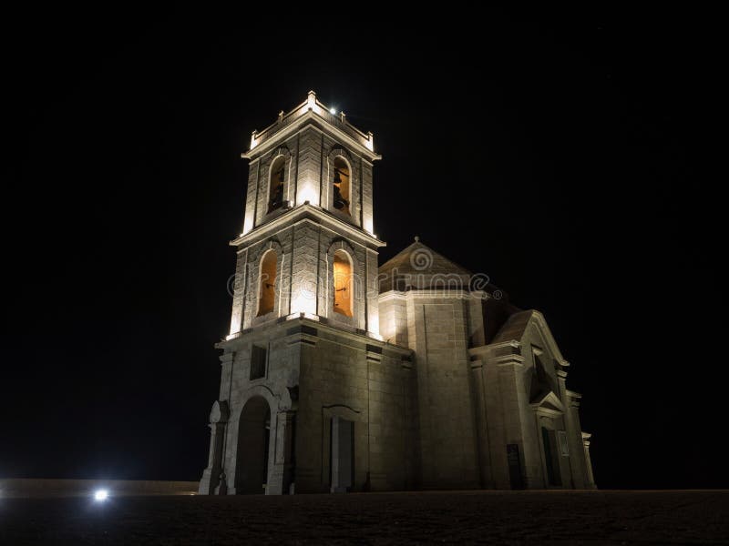 Night panorama of illuminated lit hill top church chapel Sanctuary Nossa Senhora da Granca in Mondim de Basto Portugal