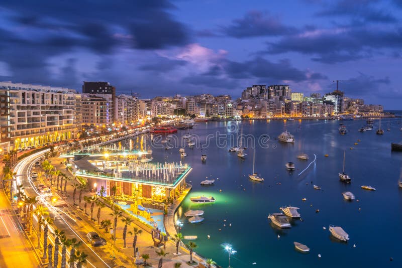 Night Panoramic Cityscape of Sliema Bay in Malta Stock Photo Image of