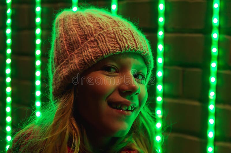 night portrait of an eight-year-old girl stock images