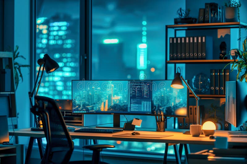 Night Programmer S Desk Dual Monitors Show City Skyline and Code Moody ...