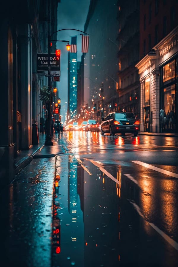 Night Rainy City Road Streets. Generative AI Stock Illustration ...