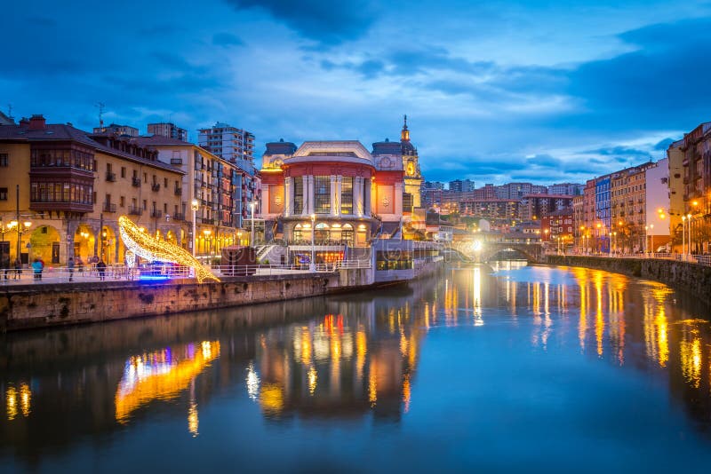 Night Scene of Bilbao Old Town, Spain Stock Photo - Image of landmark ...