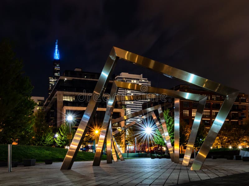 Night scene in Chicago West Loop. Travel in Illinois