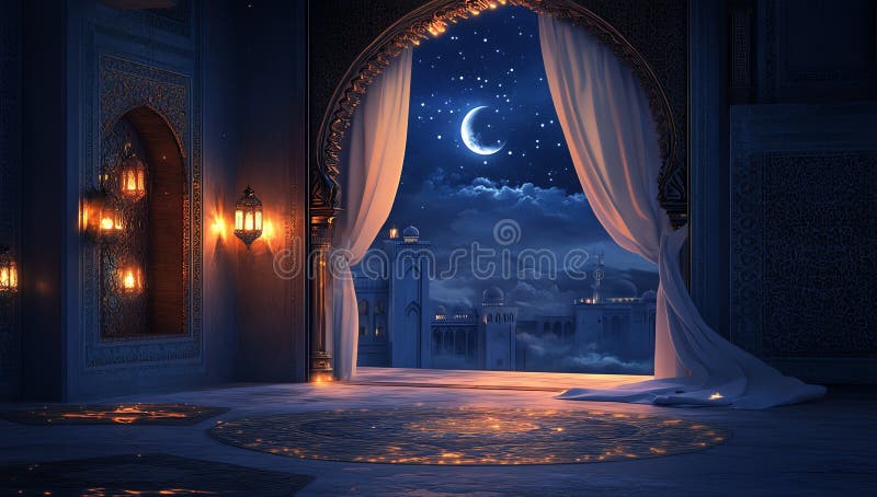 Night Scene: Curtains Open to Reveal Starlit Crescent Moon Above Cityscape, Illuminating Intricate Architecture with Warm royalty free stock images.