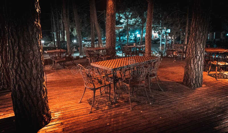 Night scene of wooden deck of an elegant outdoor bar, illuminated by small lamps in the trees that rise over the terrace.