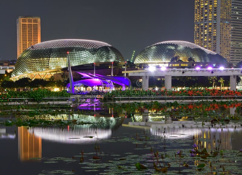 Nočné scenérie jasne osvetlenej Divadlá Esplanade na Záliv v Marina Bay v Singapure s veľkým rybníkom jasný odraz lotus rastliny v popredí.