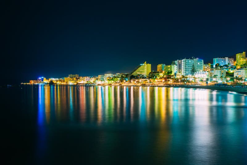 Night Scenery View Of Embankment, Seacoast, Beach In Benalmadena