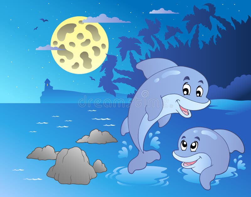 Night seascape with happy dolphins vector illustration