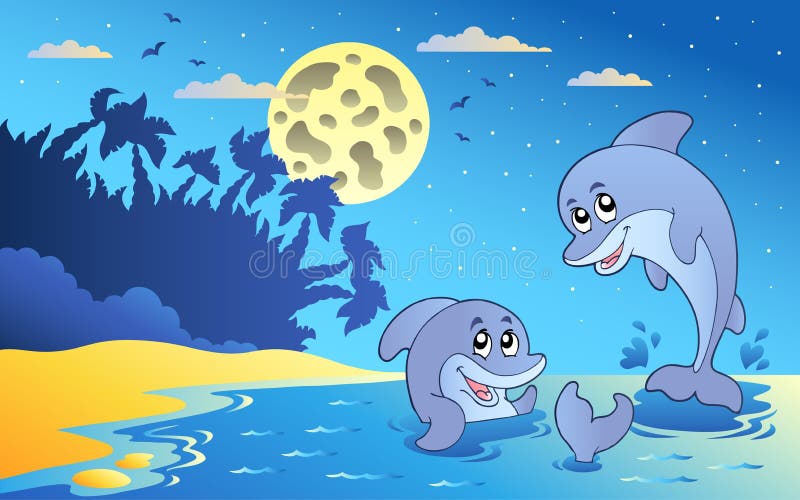 Night seascape with two dolphins royalty free illustration