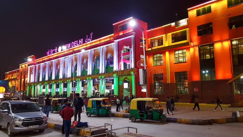 New Delhi Railway Station And Waiting Rickshaws In Delhi, India
