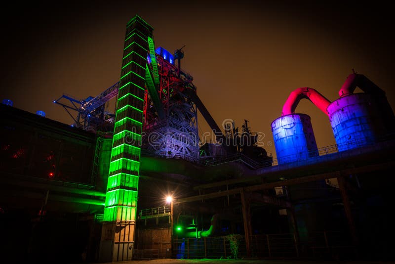 Night shot of Landschaftspark Nord, old illuminated industrial ruins in Duisburg, Germany. Night shot of Landschaftspark Nord, old illuminated industrial ruins stock image Night shot of Landschaftspark Nord, old illuminated industrial ruins in Duisburg, Germany. Night shot of Landschaftspark Nord, old illuminated industrial ruins stock image