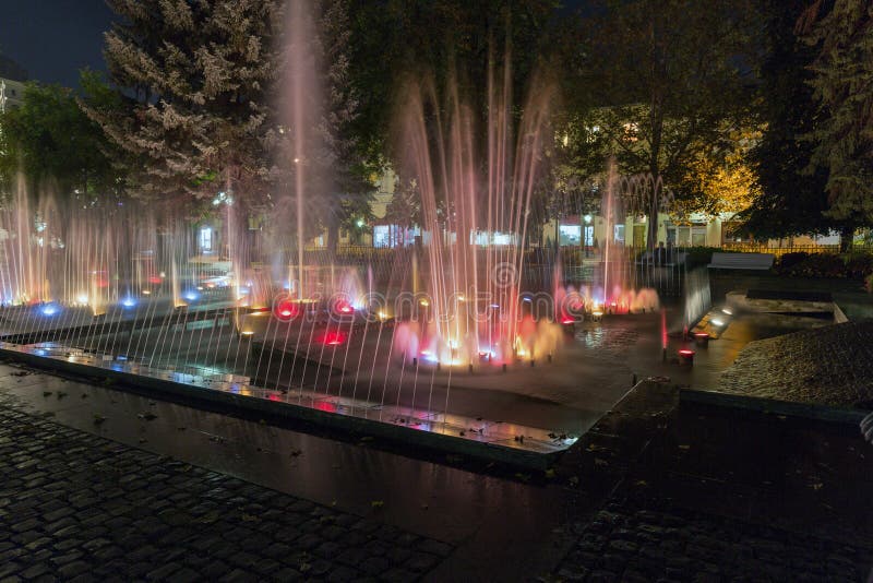 Night Singing fountain in Kosice Old Town, Slovakia.