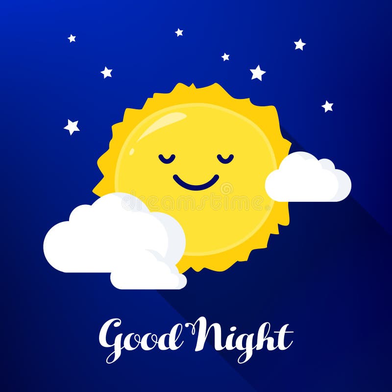 Night Sky with Cartoon Sun, Clouds and Stars. Good Night Card. Flat ...