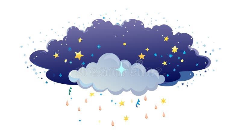 A mystical vector illustration of a dark cloud under a starry night sky, raining down glowing stars, symbolizing magical dreams, celestial blessings, or a shower of good fortune. Ideal for bedtime stories, spiritual content, fantasy themes, or astrological designs. This enchanting graphic evokes wonder and cosmic beauty, vector design Generative AI. Fortune raining vectors