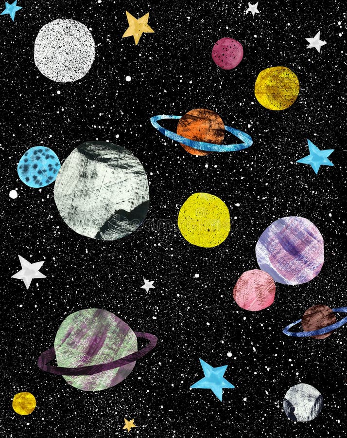 Night sky with hand painted stars and planets. Cosmos and space illustration. hand drawn graphics. Black dark background stock illustration Night sky with hand painted stars and planets. Cosmos and space illustration. hand drawn graphics. Black dark background stock illustration