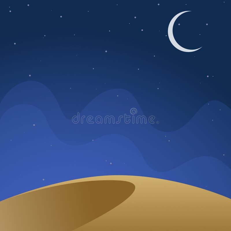 Night Sky of Ramadan Kareem Eid Mubarak Crescent Moon Sand Dune Stars Blue Background Template