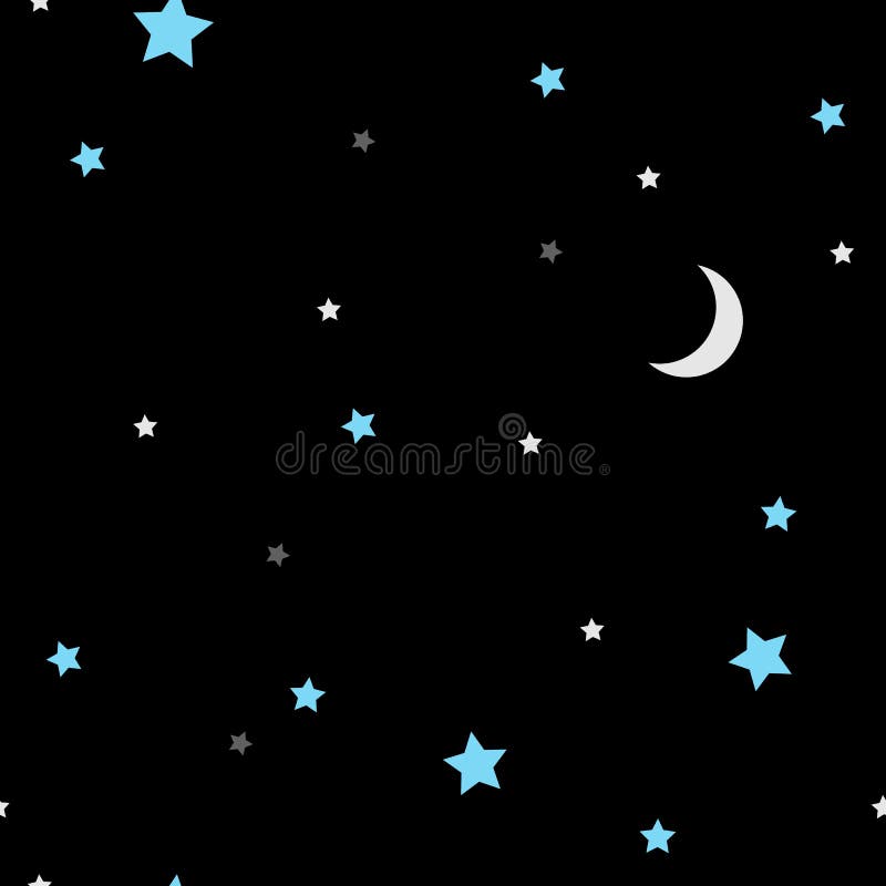 Night sky seamless pattern with blue small stars and moon vector illustration
