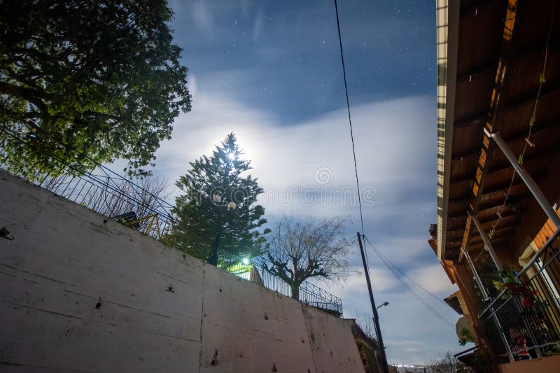 Night sky view between buildings and trees, moonlit scene stock image