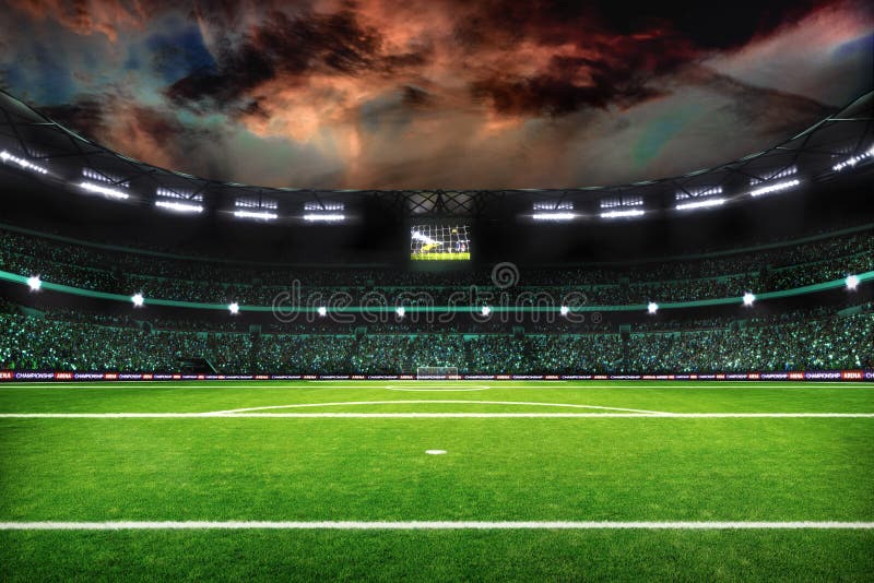 Night Soccer Field with Lights and Spectors Panorama 3d Rendering Stock