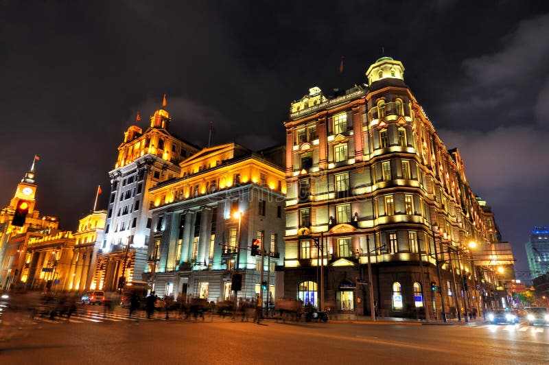 Night street and buildings, Shanghai, China