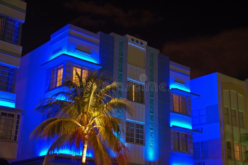 Nighttime Blue Art Deco Hotel in South Beach Stock Photo Image of