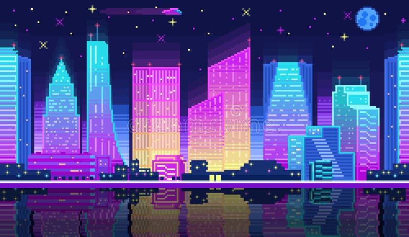 Pixel Art City Night Wallpaper