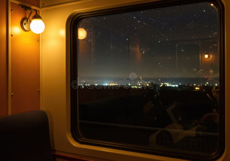 Night train journey: illuminated cabin and starry sky view from window. Night train stock images, royalty-free photos and pictures