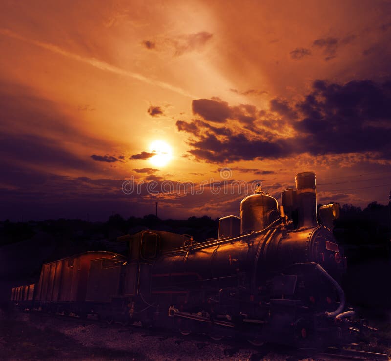 Old train in the sunset. Night train stock images, royalty-free photos and pictures