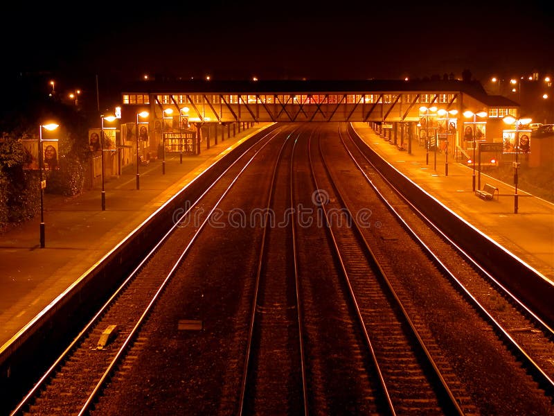A view of the pedistrian crossing at the Newbury Train station at night. Night train stock images, royalty-free photos and pictures