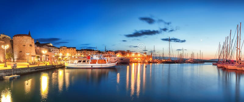 Night View of the Alghero Marina Yacht Port at the Gulf of Alghero with ...