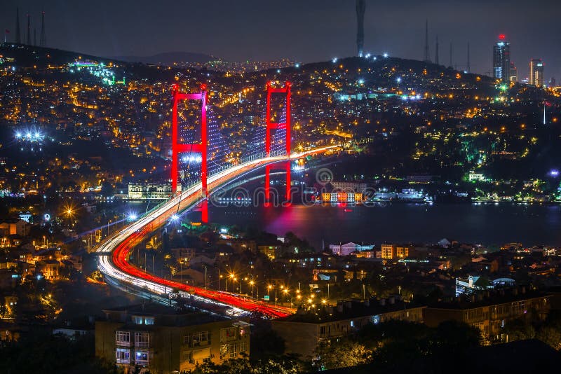 Turkey Istanbul Bosphorus Bridge Night Panoramic Photo Stock Photo | My ...