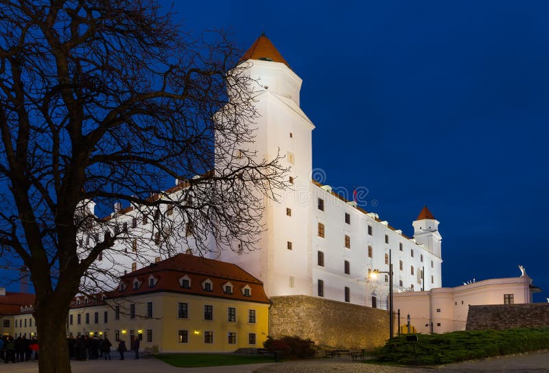 Night view on Bratislava Castle on hills of city
