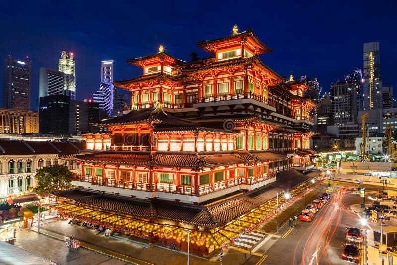 Night View of a Chinese Temple in Singapore Chinatown