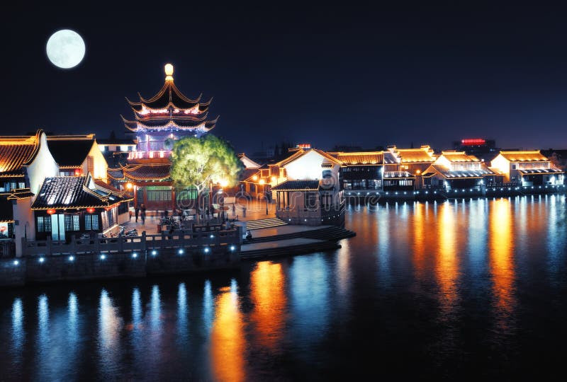 Night View Of Chinese Village Near River Stock Photos Image 22207333